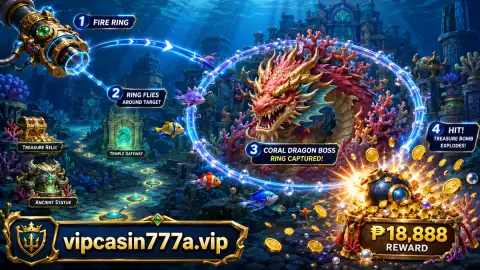 Large manta ray passing behind layered reef edges with smaller fish in the VIP777 fishing scene