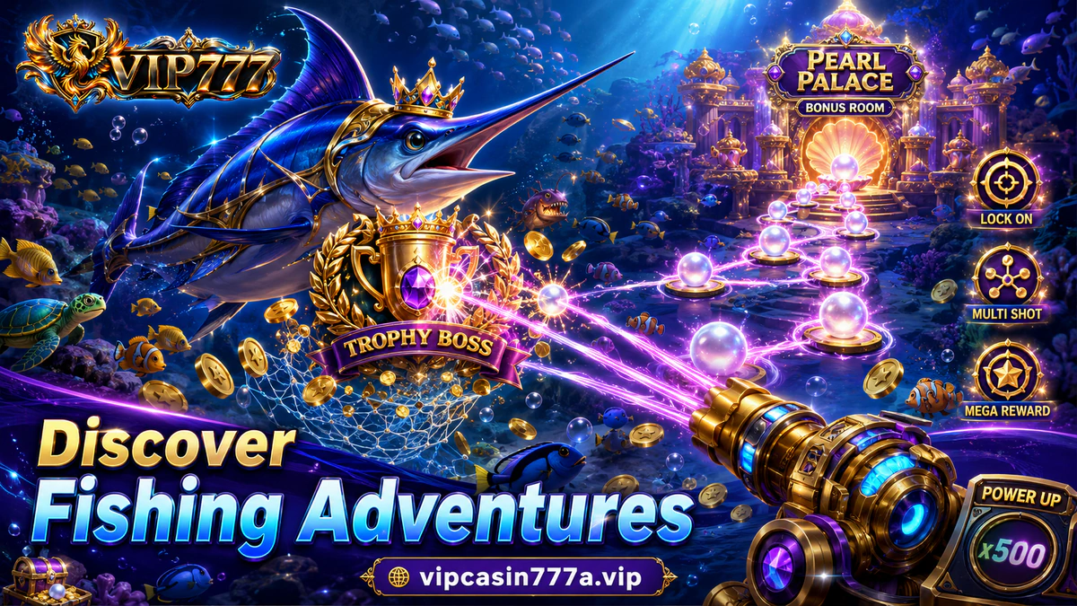 VIP777 game download fishing scene with one bright target crossing sapphire water beyond a gold-and-blue cannon
